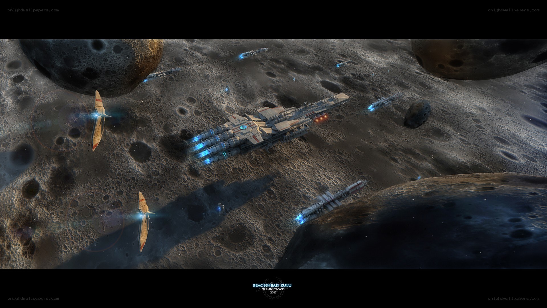 Space battle near asteroids