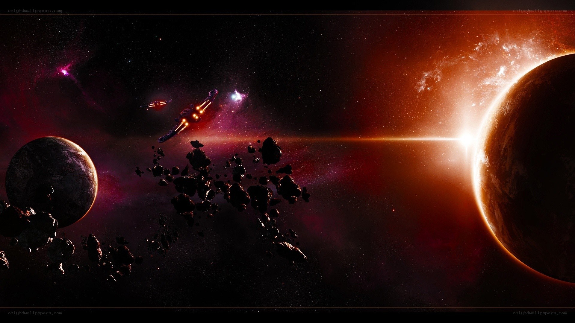 Space battle near asteroids