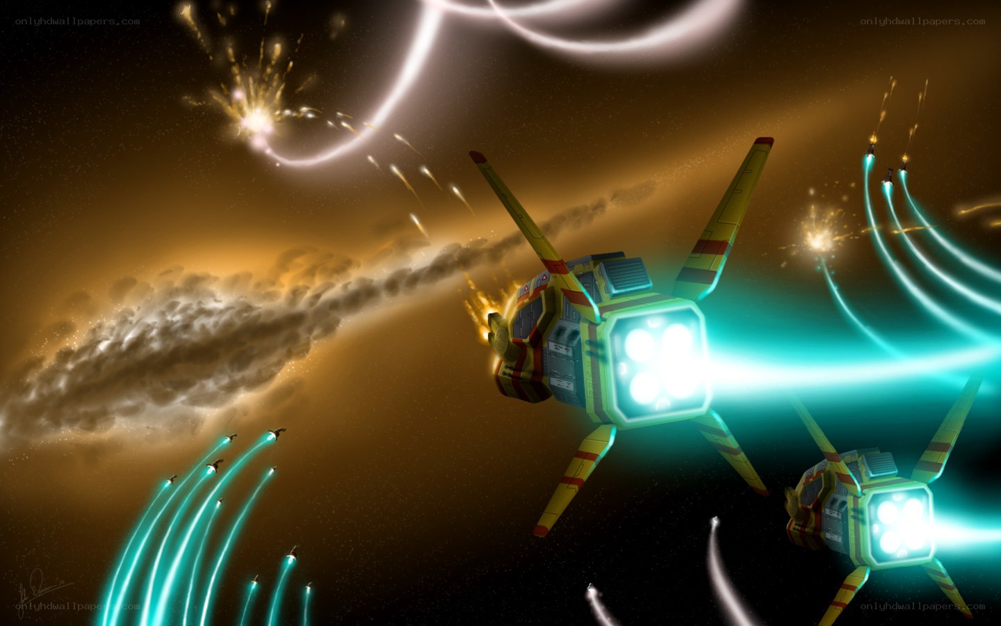 Space battle near nebula