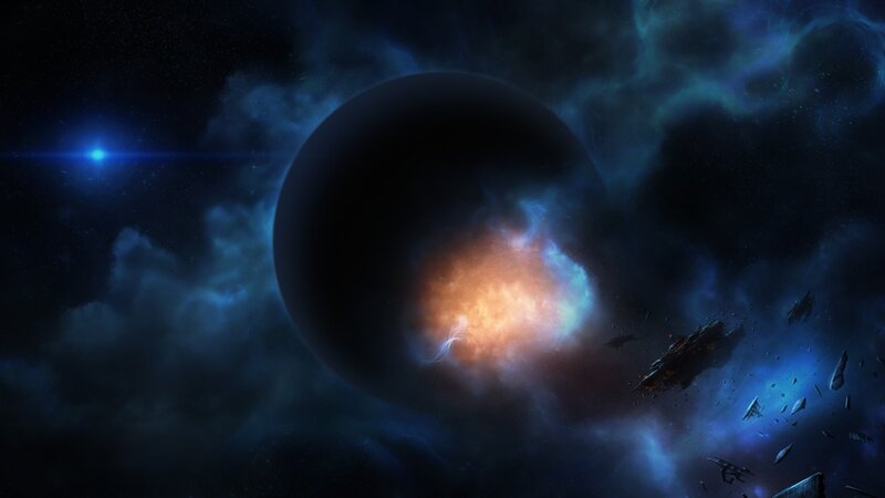 Space Battle Near Planet — Blue, Dramatic, Night, Digital Art, Spaceships, Nebula