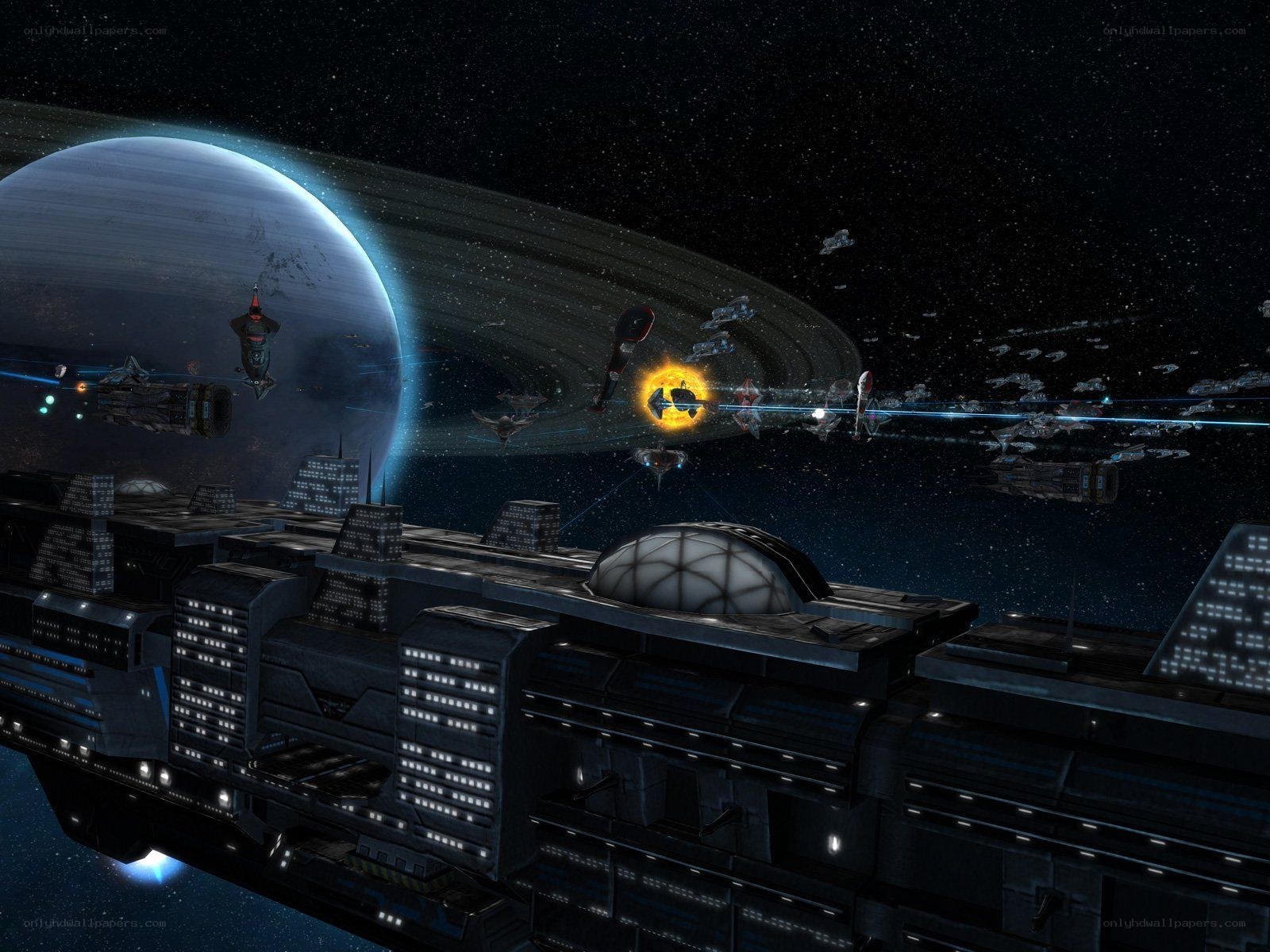 space battle near ringed planet