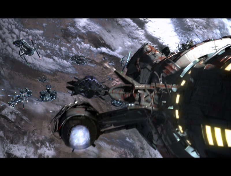 Space Battle over Planet — Gray, Dramatic