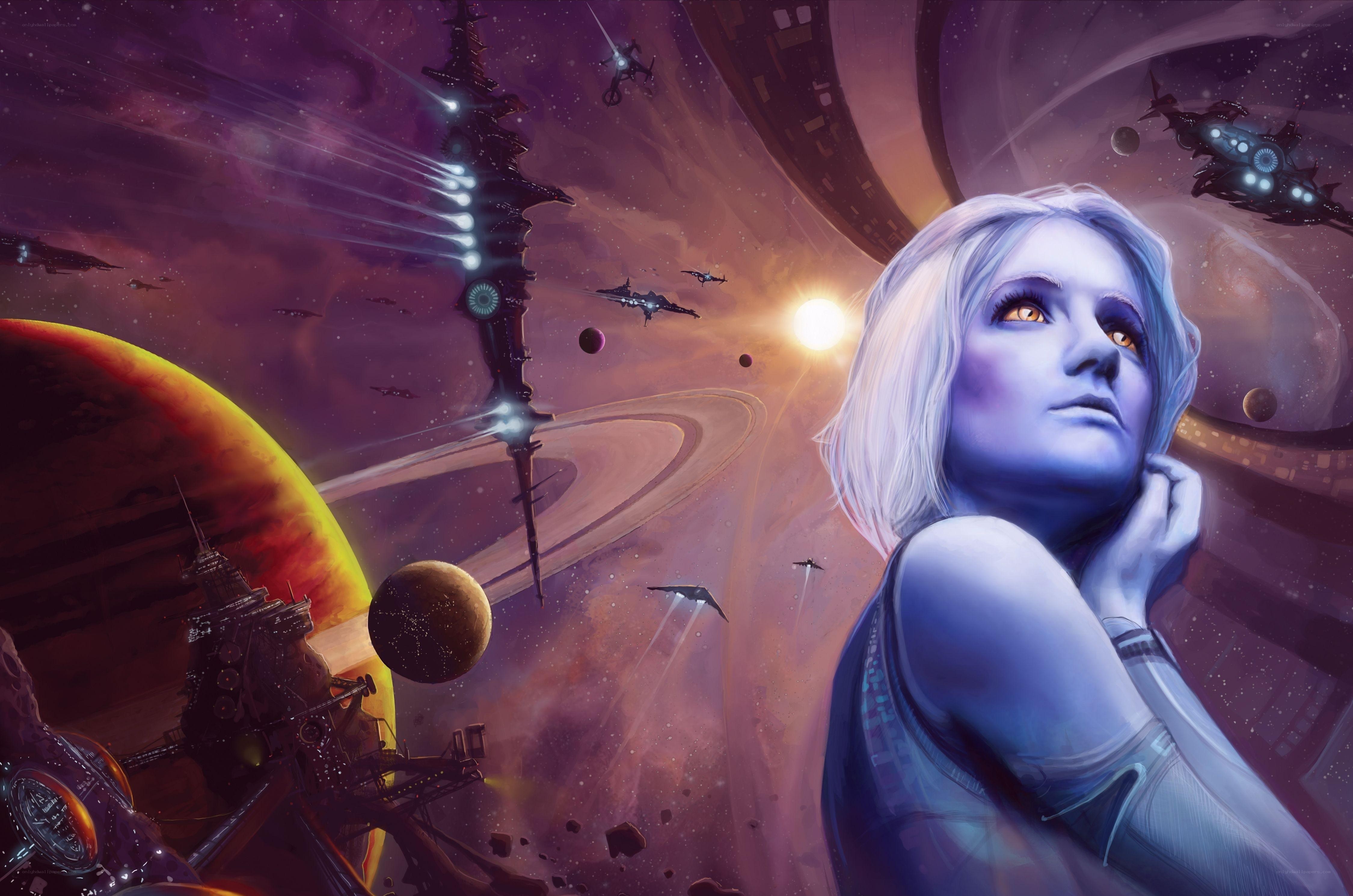 space battle with alien woman