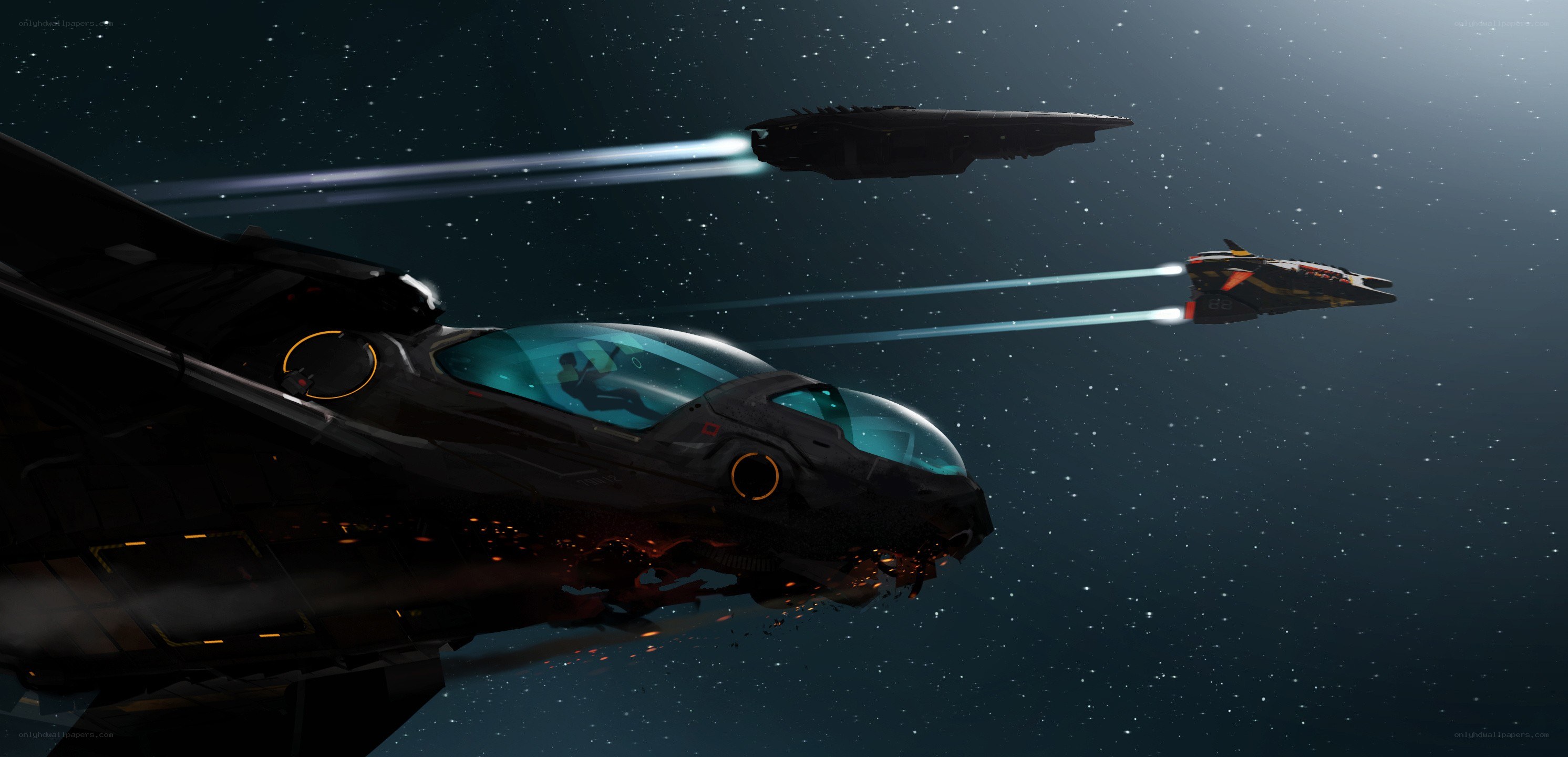 Space battle with damaged ship