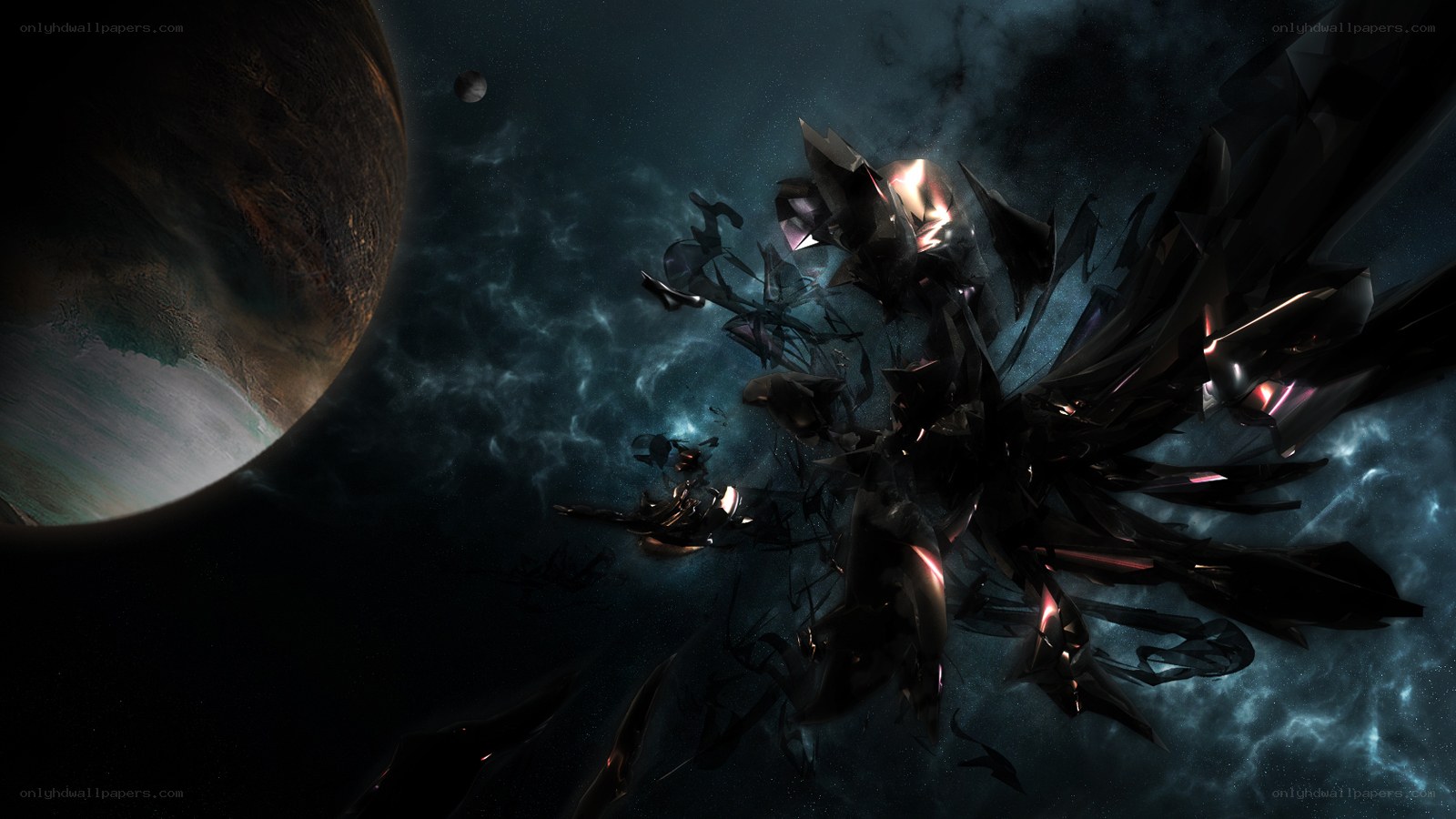 space battle with shattered ship