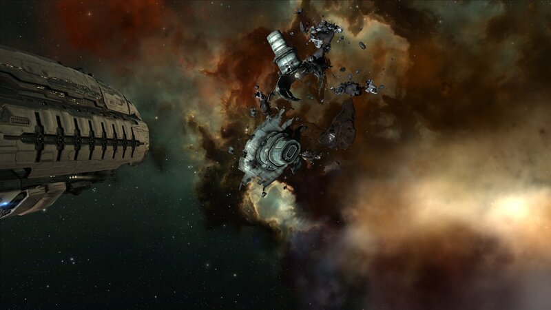 Space battle wreckage in nebula