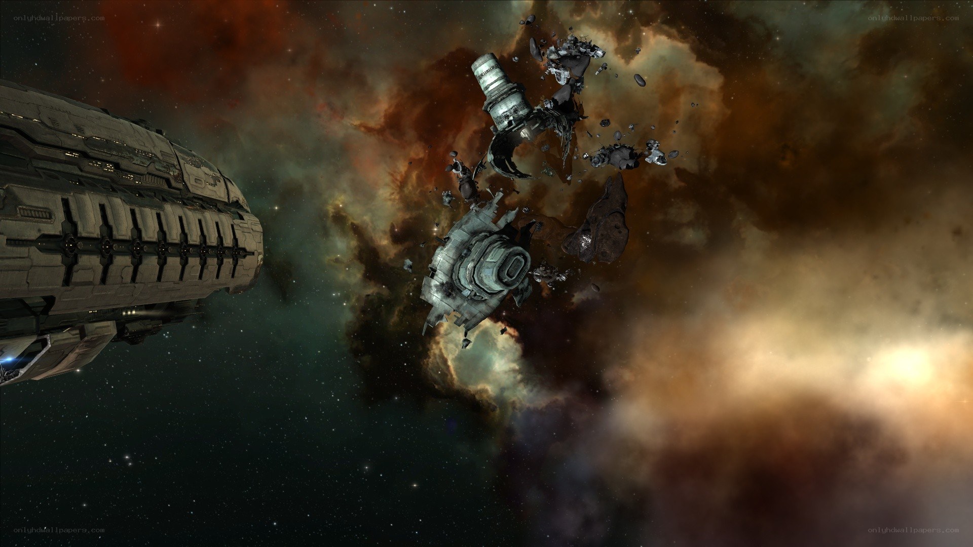 Space battle wreckage in nebula