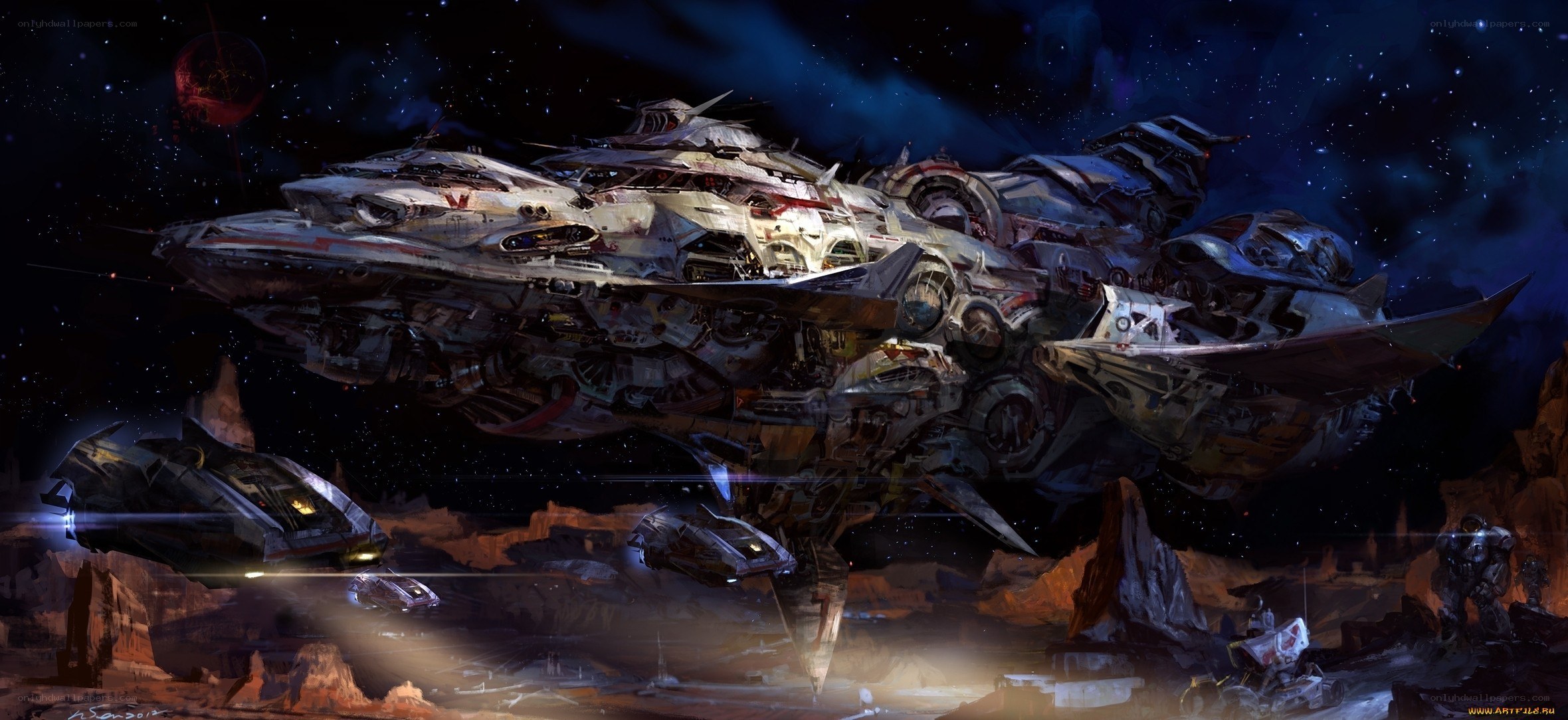 space battleship in alien landscape