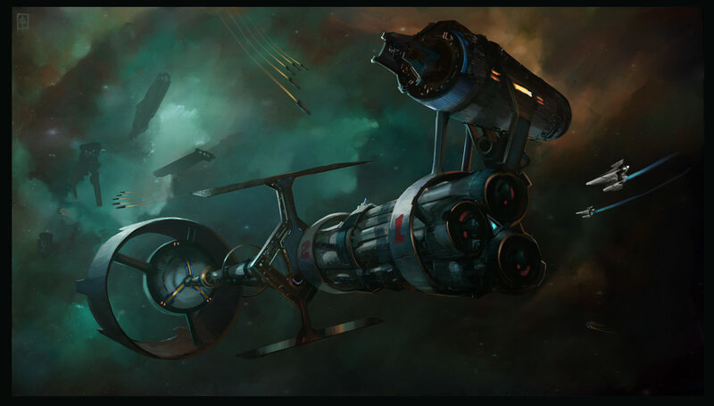 Space Battleship in Nebula — Green