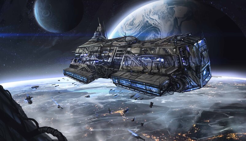 Space Battleship in Orbit — Blue, Dramatic