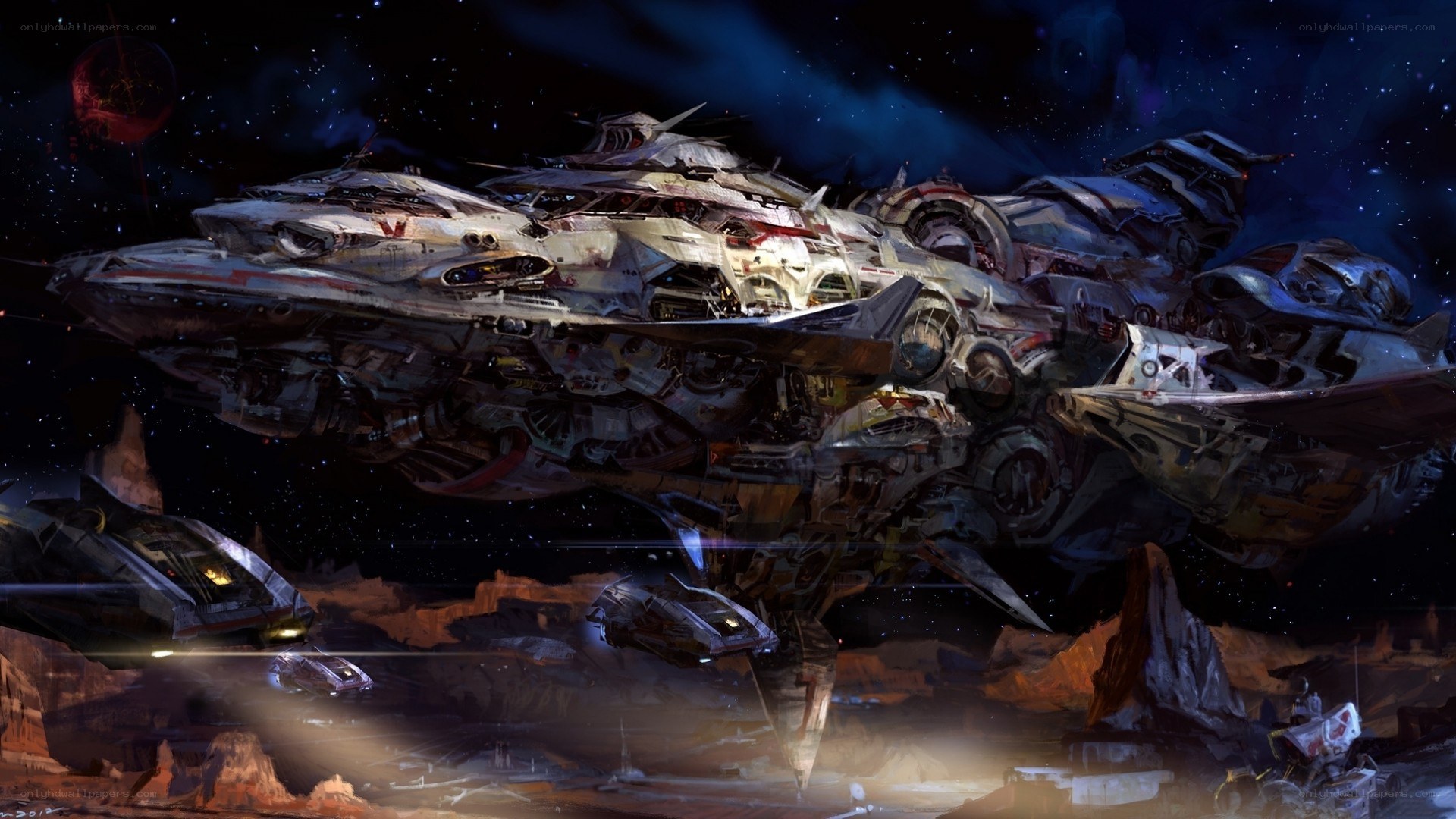 space battleship over alien planet