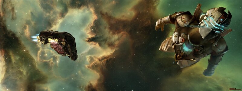 Space combat scene with armored figure