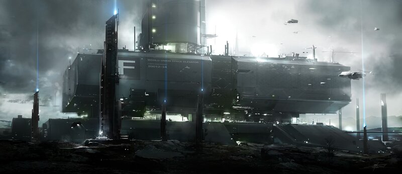 Space Elevator Station — Gray, Dramatic, Night, Digital Art