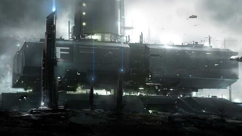 Space Elevator Station — Gray, Dramatic, Night