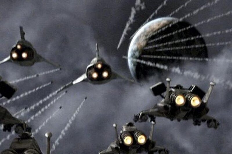 space fighters attack planet