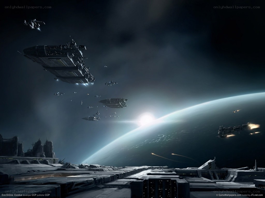 Space fleet above a planet