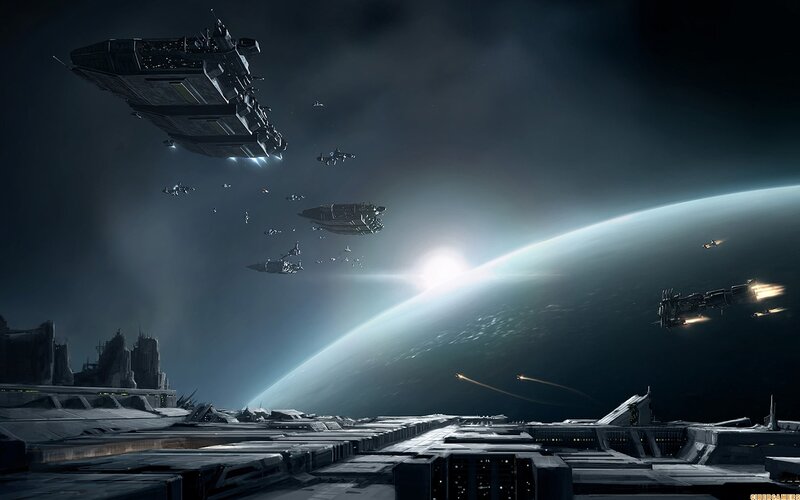 Space fleet above a planet