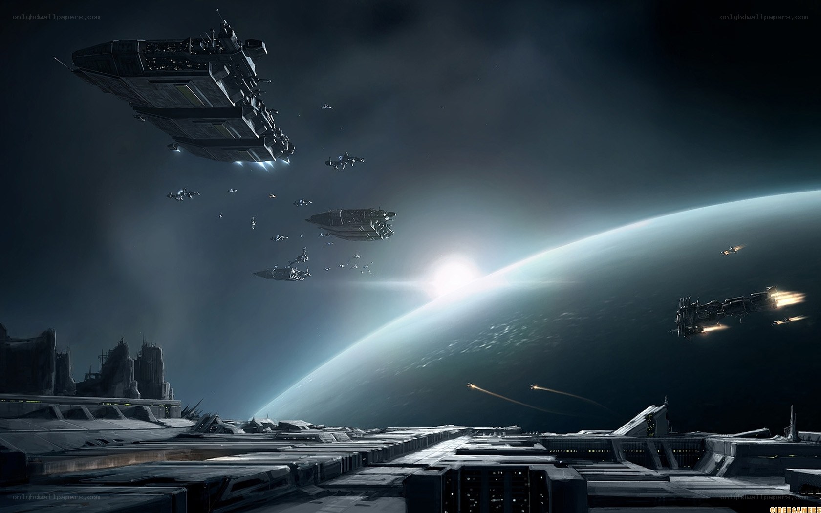 Space fleet above a planet