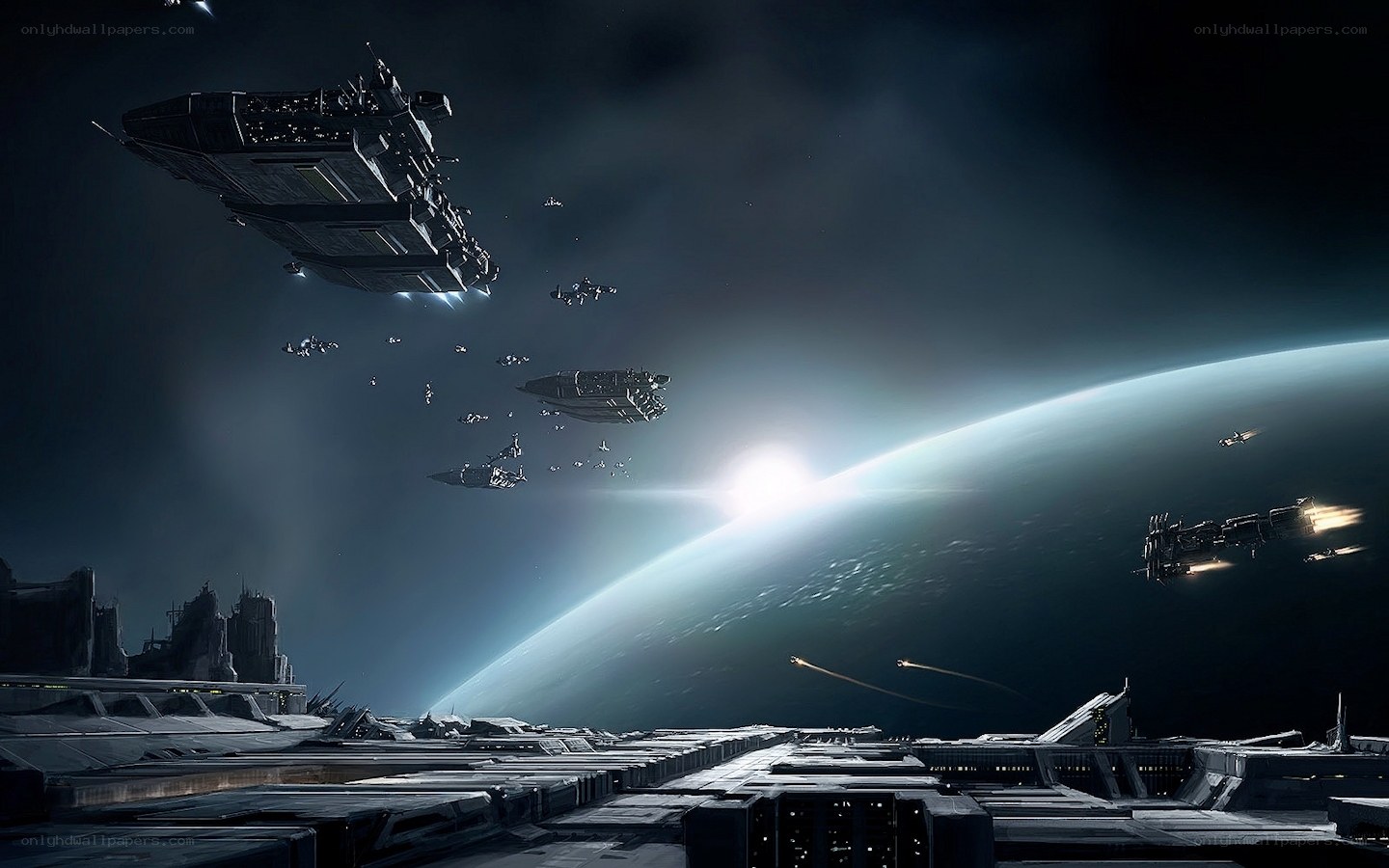Space fleet above a planet
