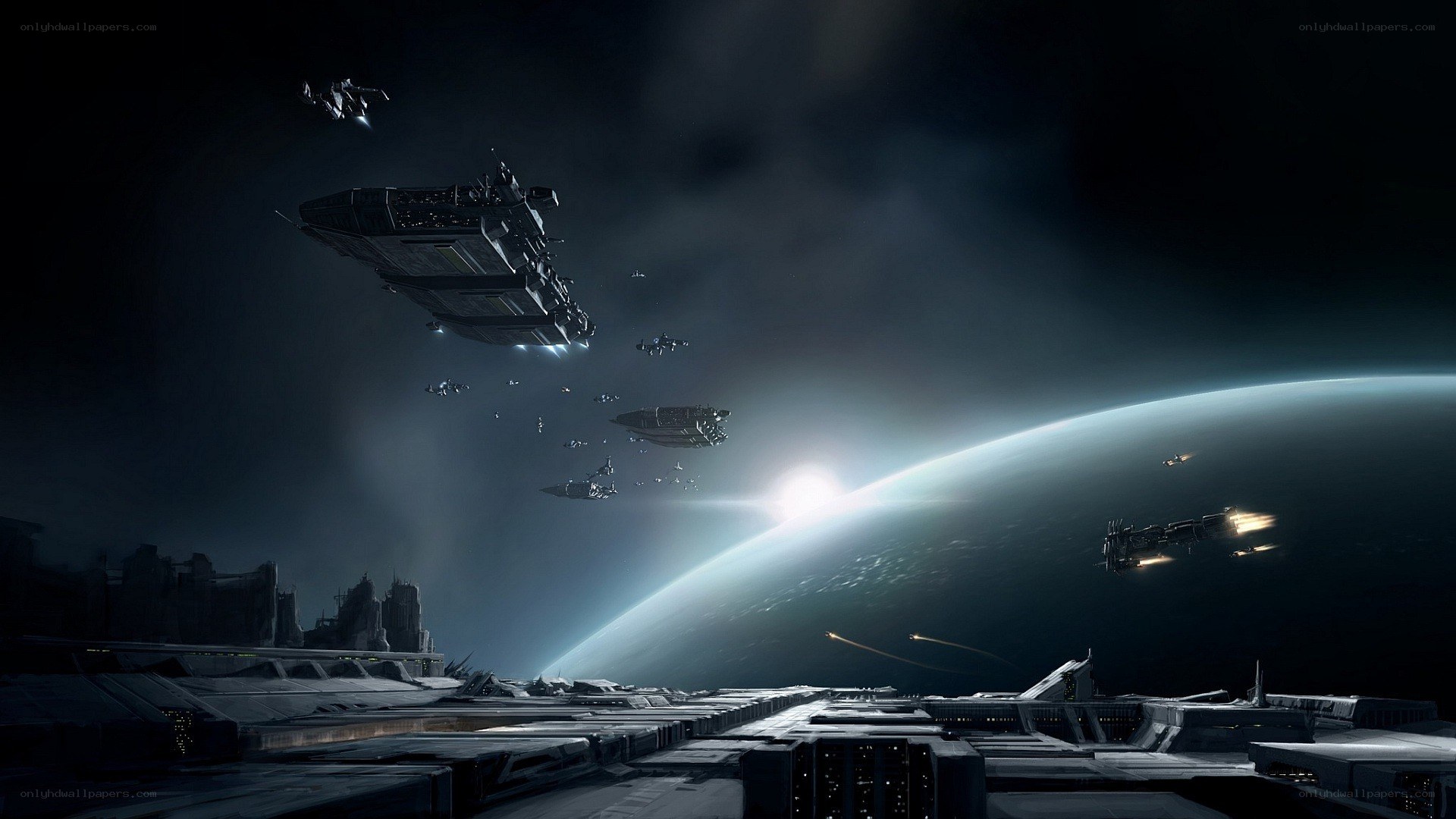 Space fleet above a planet