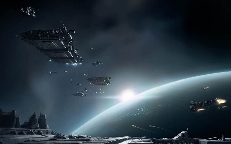 Space fleet above a planet