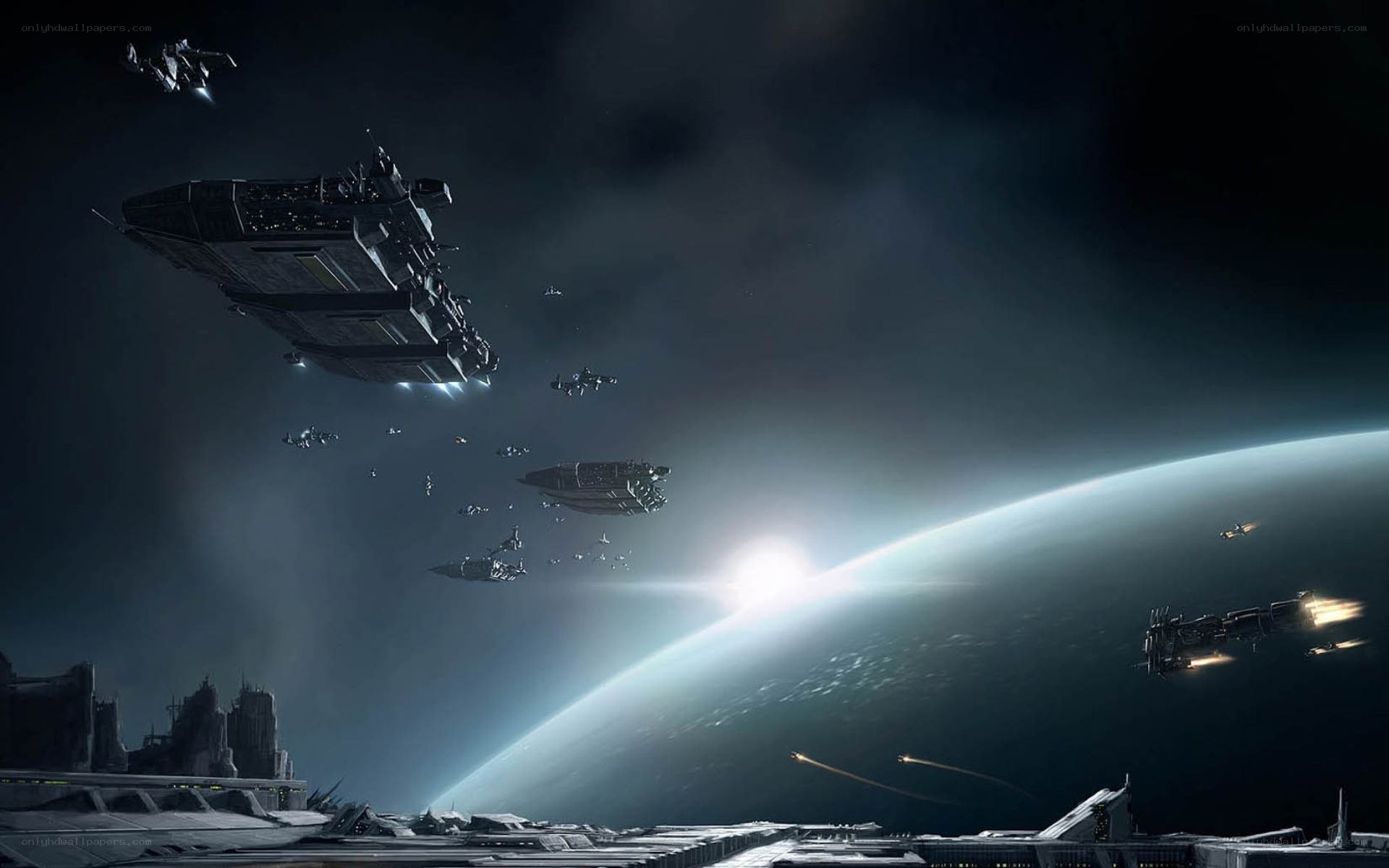 Space fleet above a planet