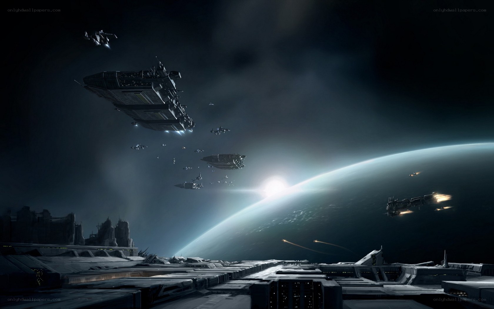 space fleet above alien planet