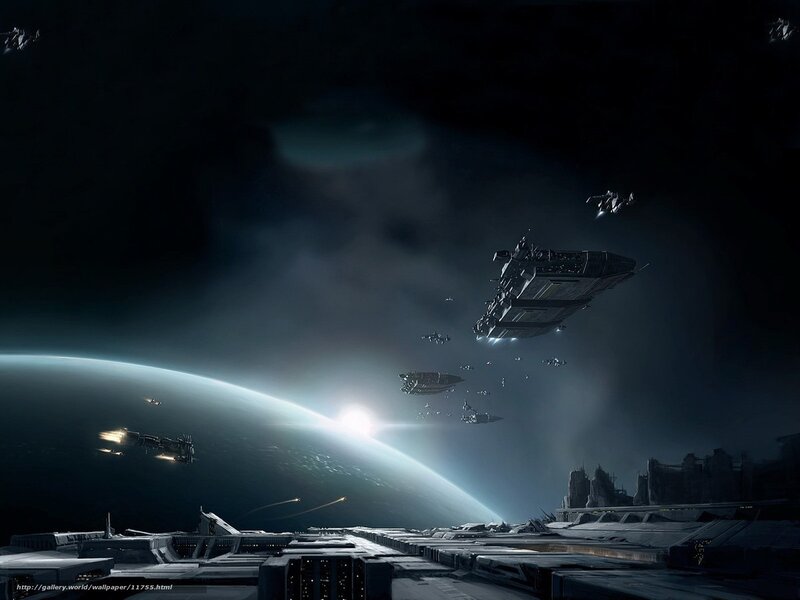 Space fleet above alien planet