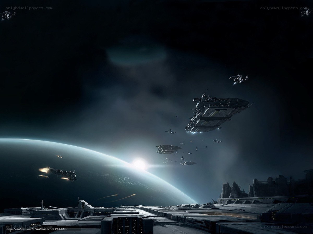 Space fleet above alien planet