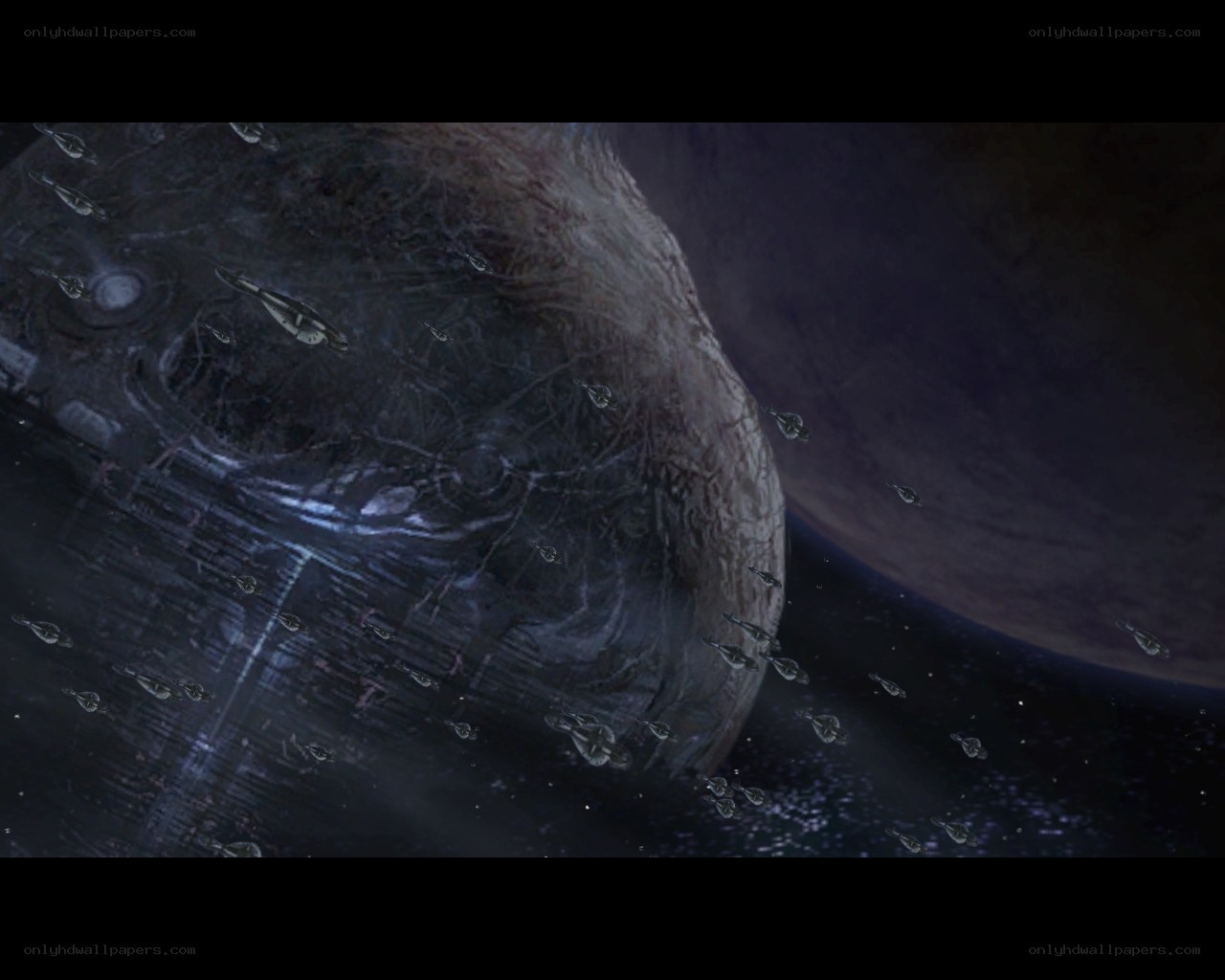 space fleet near alien structure