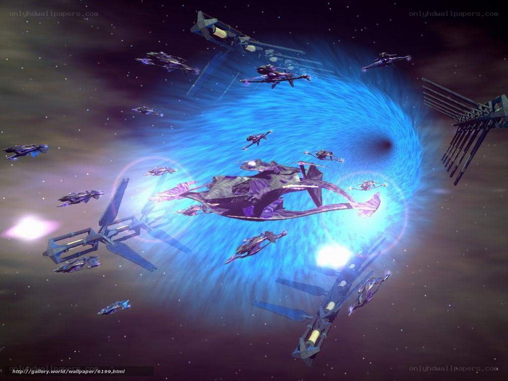 Space fleet near blue wormhole