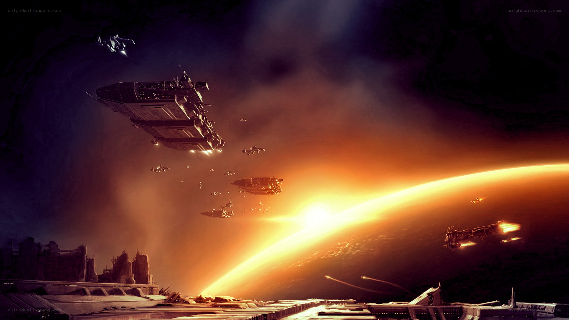 Space fleet over a planet