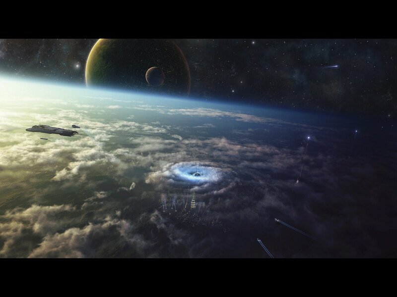 Space fleet over alien planet