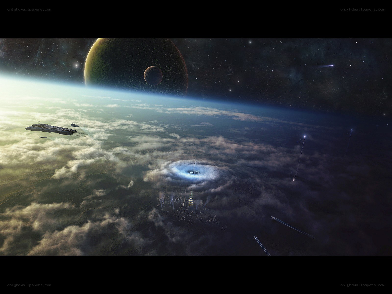 Space fleet over alien planet