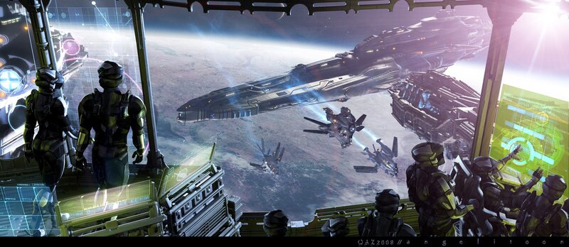 Space fleet over alien planet