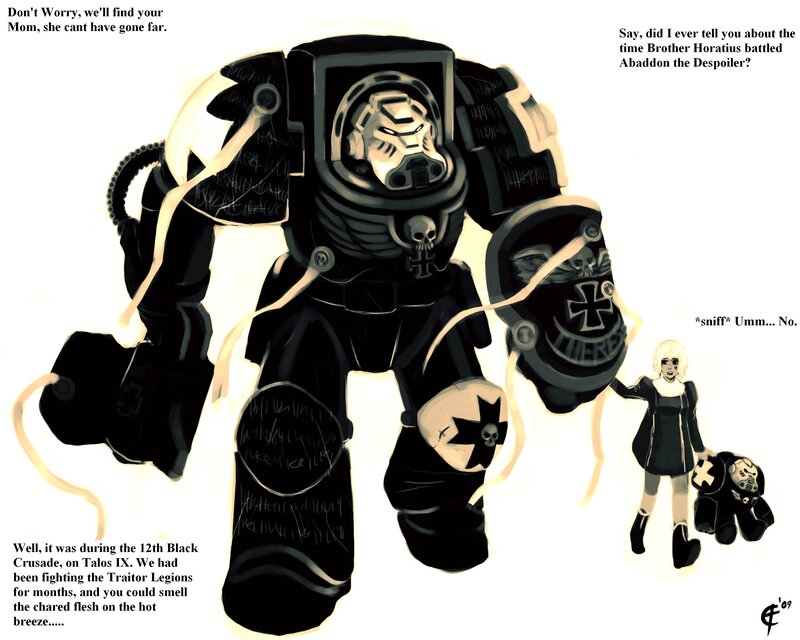 Space Marine and Child — Black, Dramatic