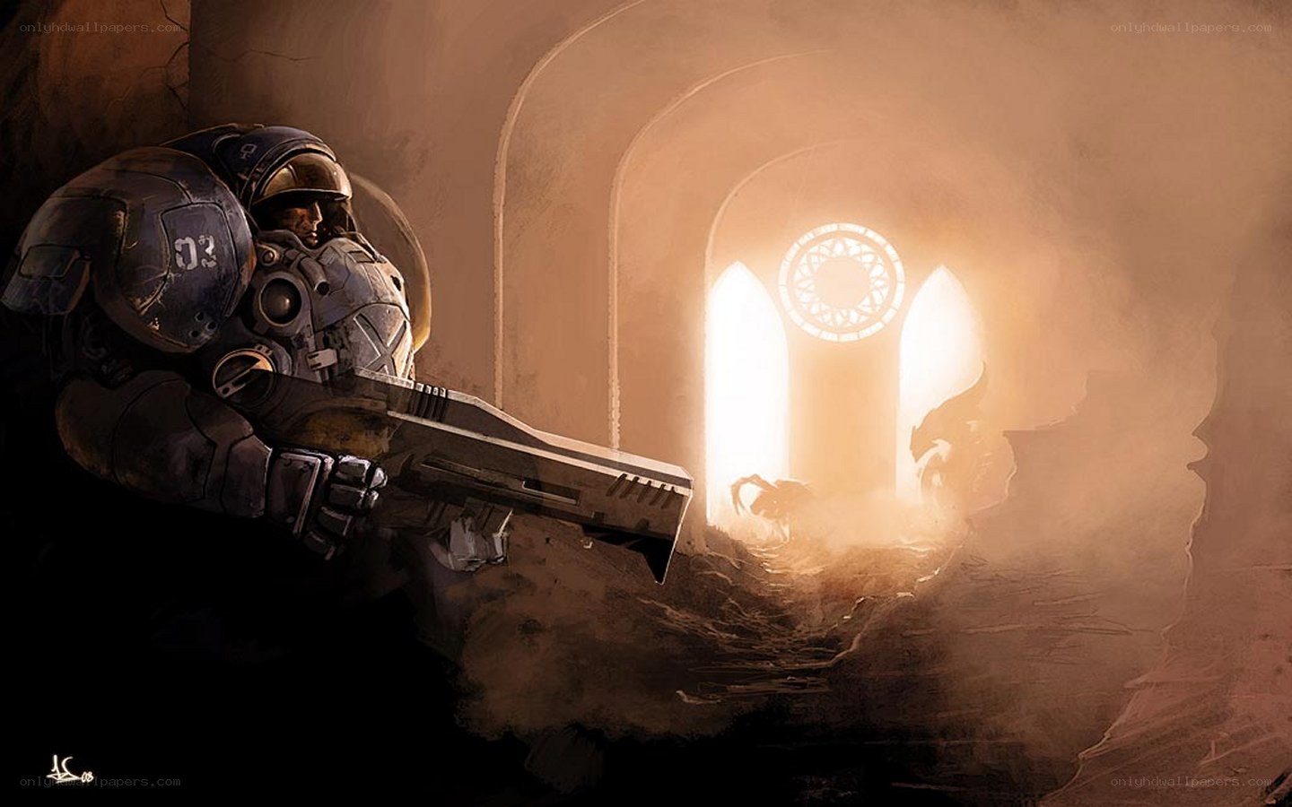 Space marine in a dark corridor