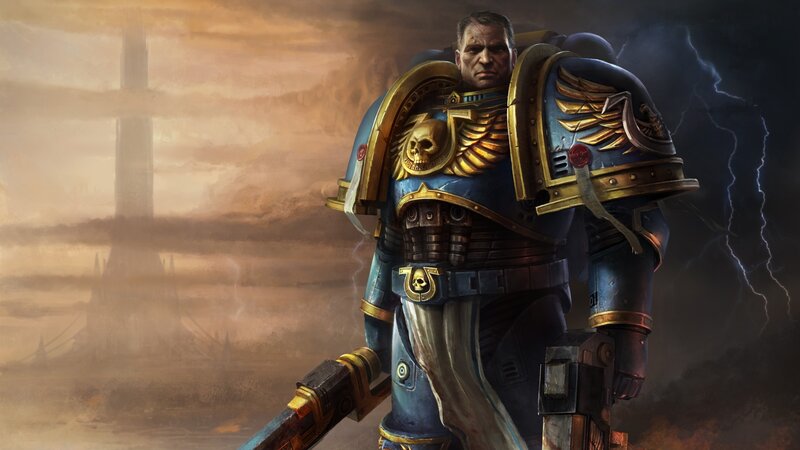 Space Marine Warrior — Blue, Dramatic, Night, Digital Art, Skull Emblem, Lightning