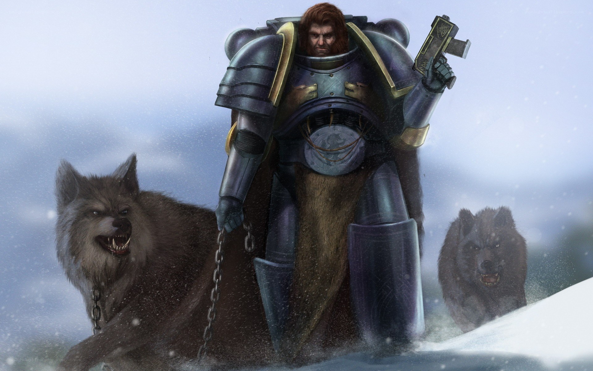 Space marine with wolves in snow