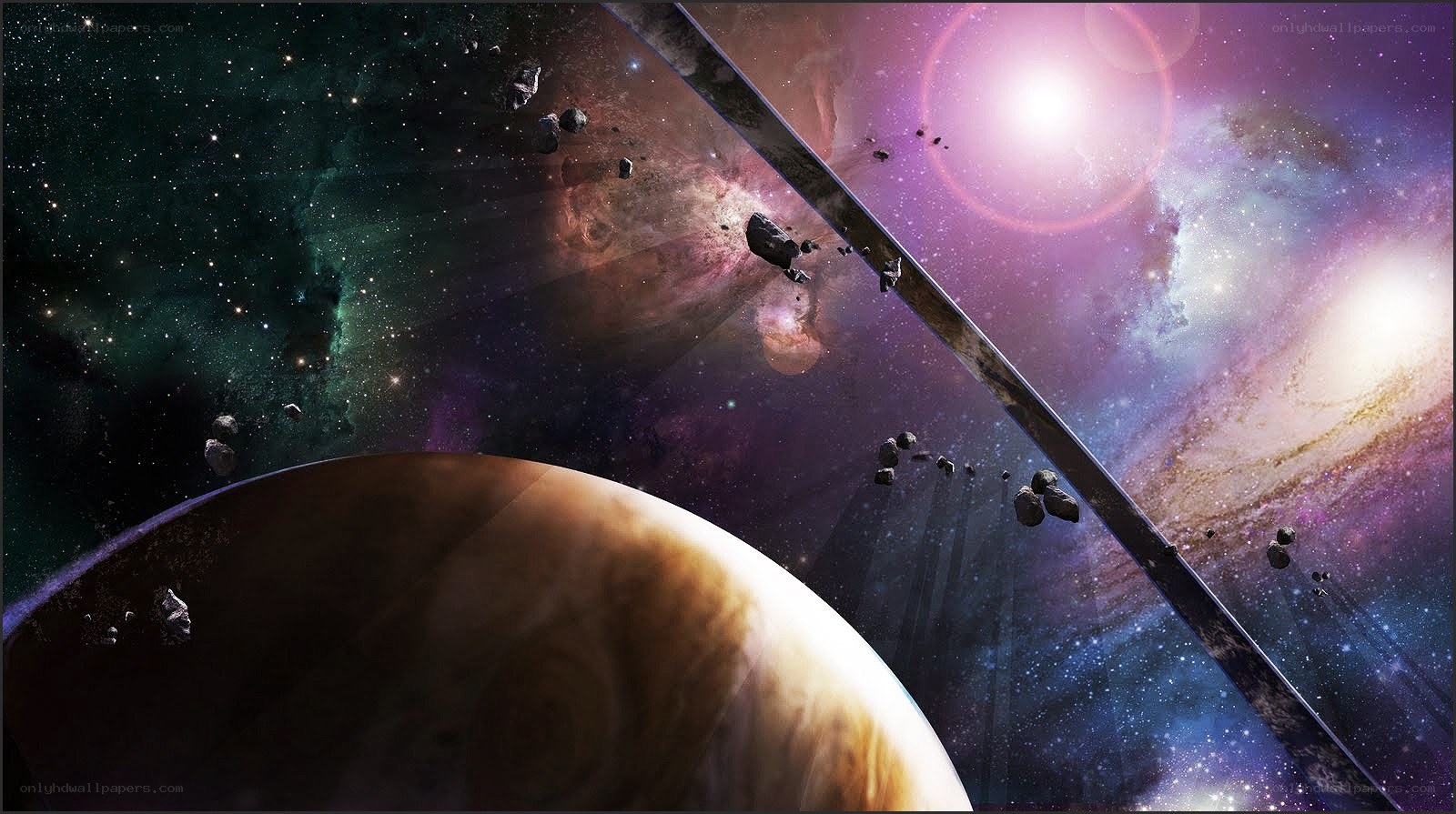 space nebula with planet and asteroids