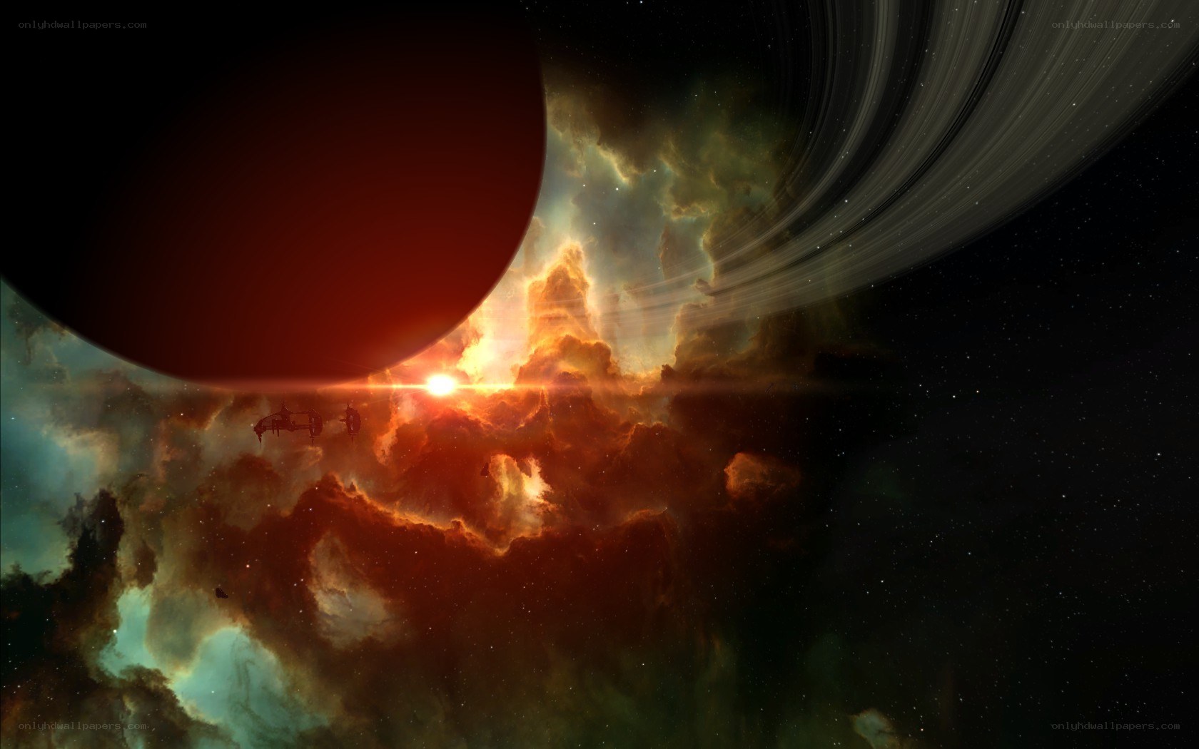 space nebula with planet and rings