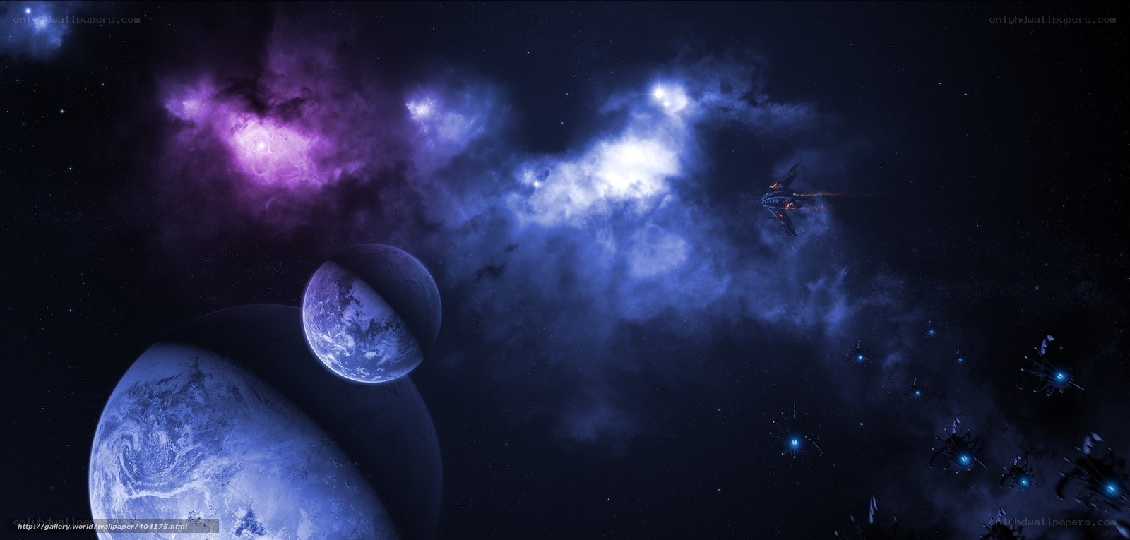 Space nebula with planets and ships