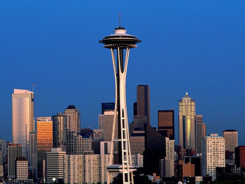 Space Needle Tower — Blue, Serene, Sunset, Photograph, Skyscraper