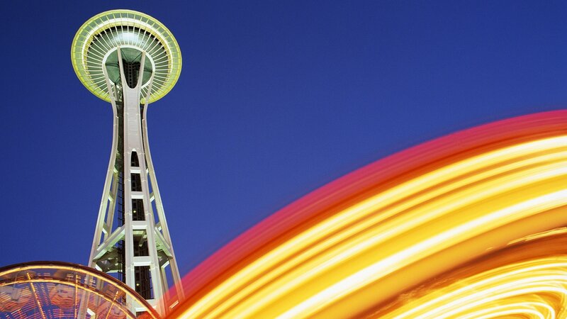Space Needle with light trails