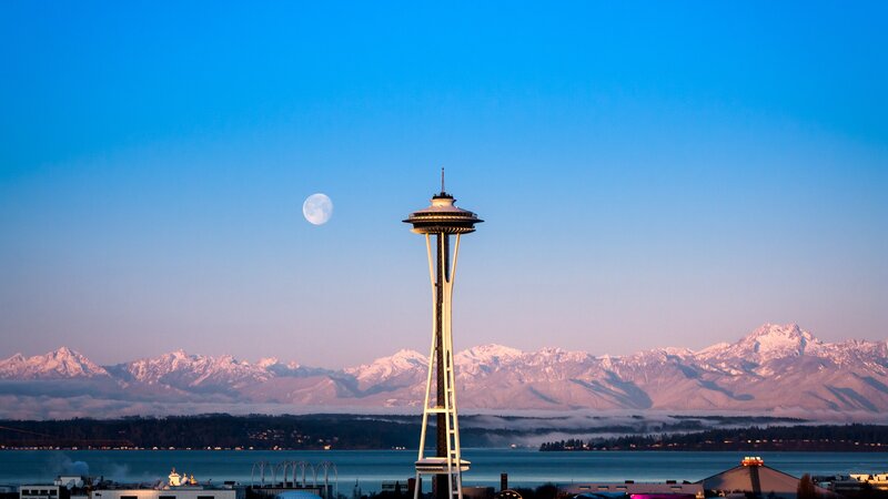 Space Needle with Moon — Blue, Serene