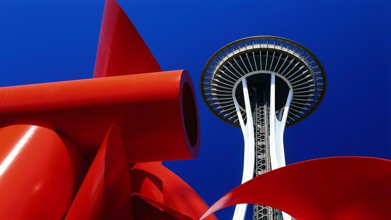 Space Needle with red sculpture