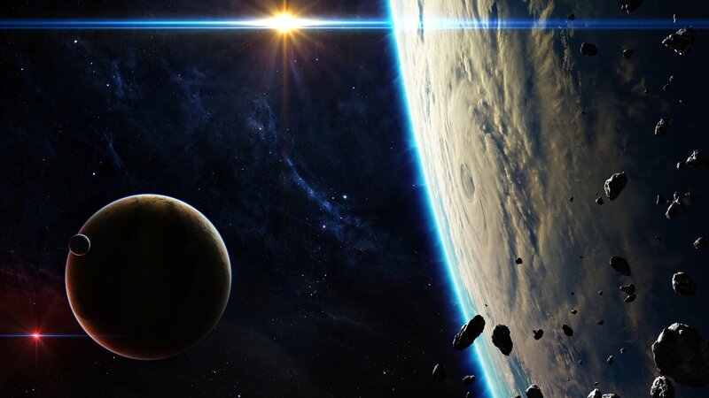 Space planet and asteroid field