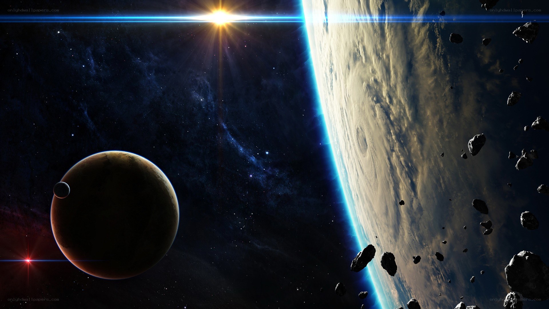 Space planet and asteroid field