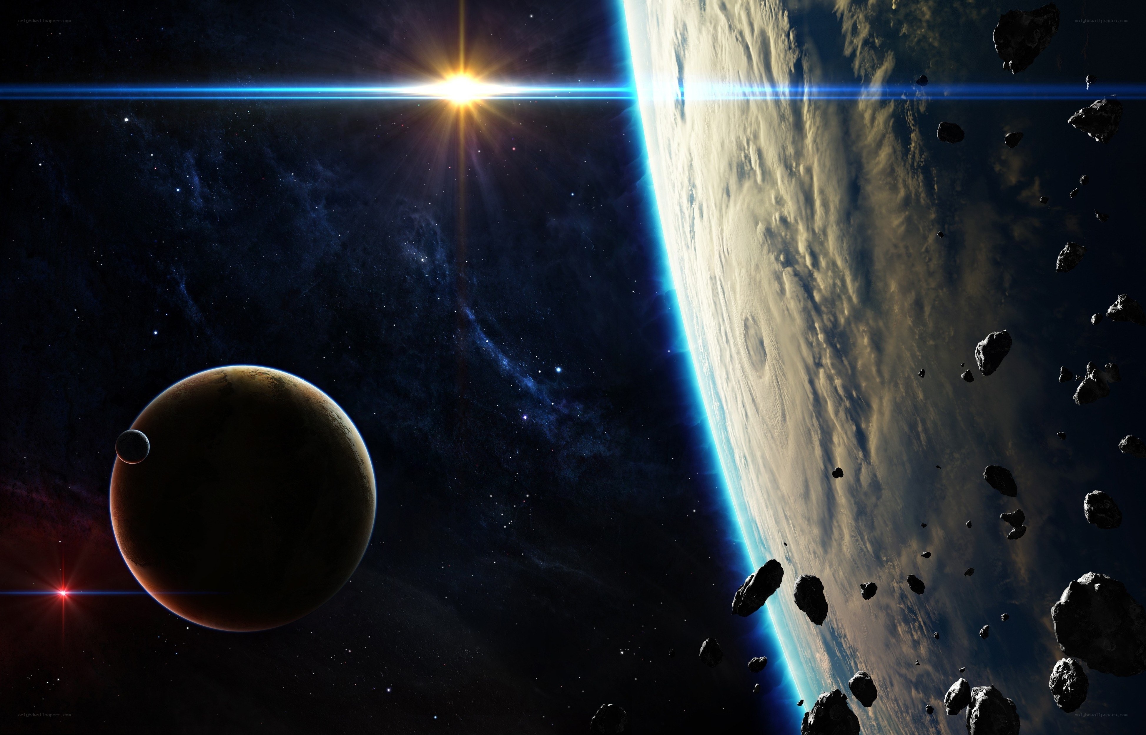 space planet and asteroid field