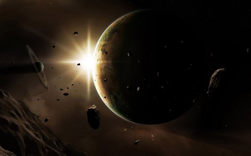 space planet asteroid field